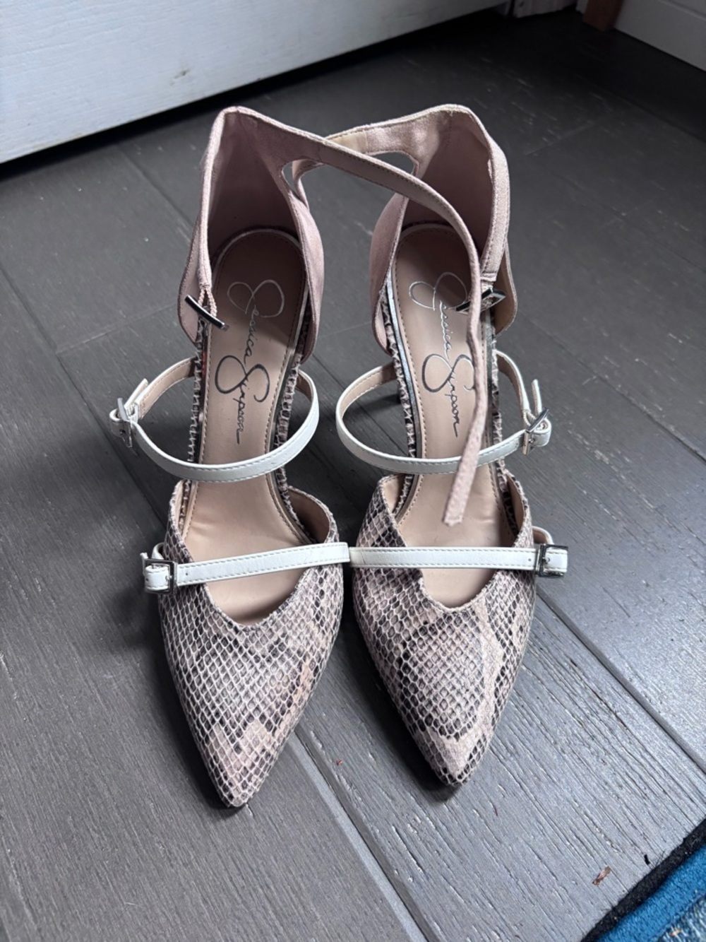 Jessica Simpson Snake-Print Pointed Toe Strappy Pumps in Nude and White
